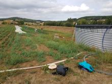 Eine Gruppe hackt auf dem Beet hinter dem Brunnen.