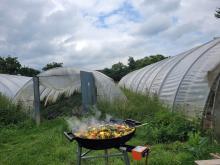 Unser sommerliches Mittagessen brät in der Paellapfanne.